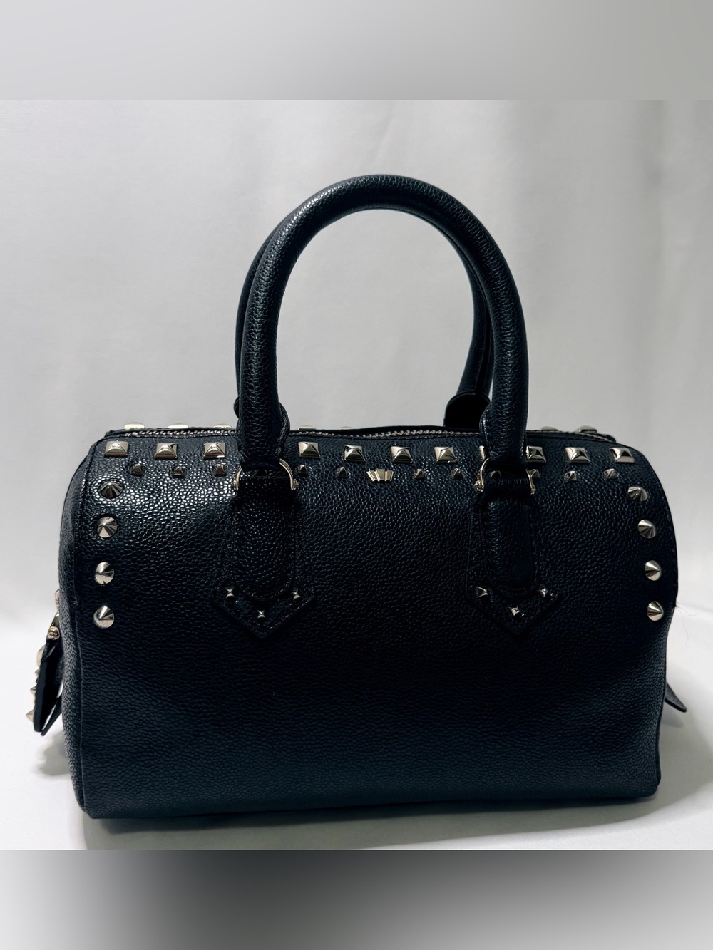Henri Bendel West 57th Black Leather Studded Barrel Satchel Boston Bag